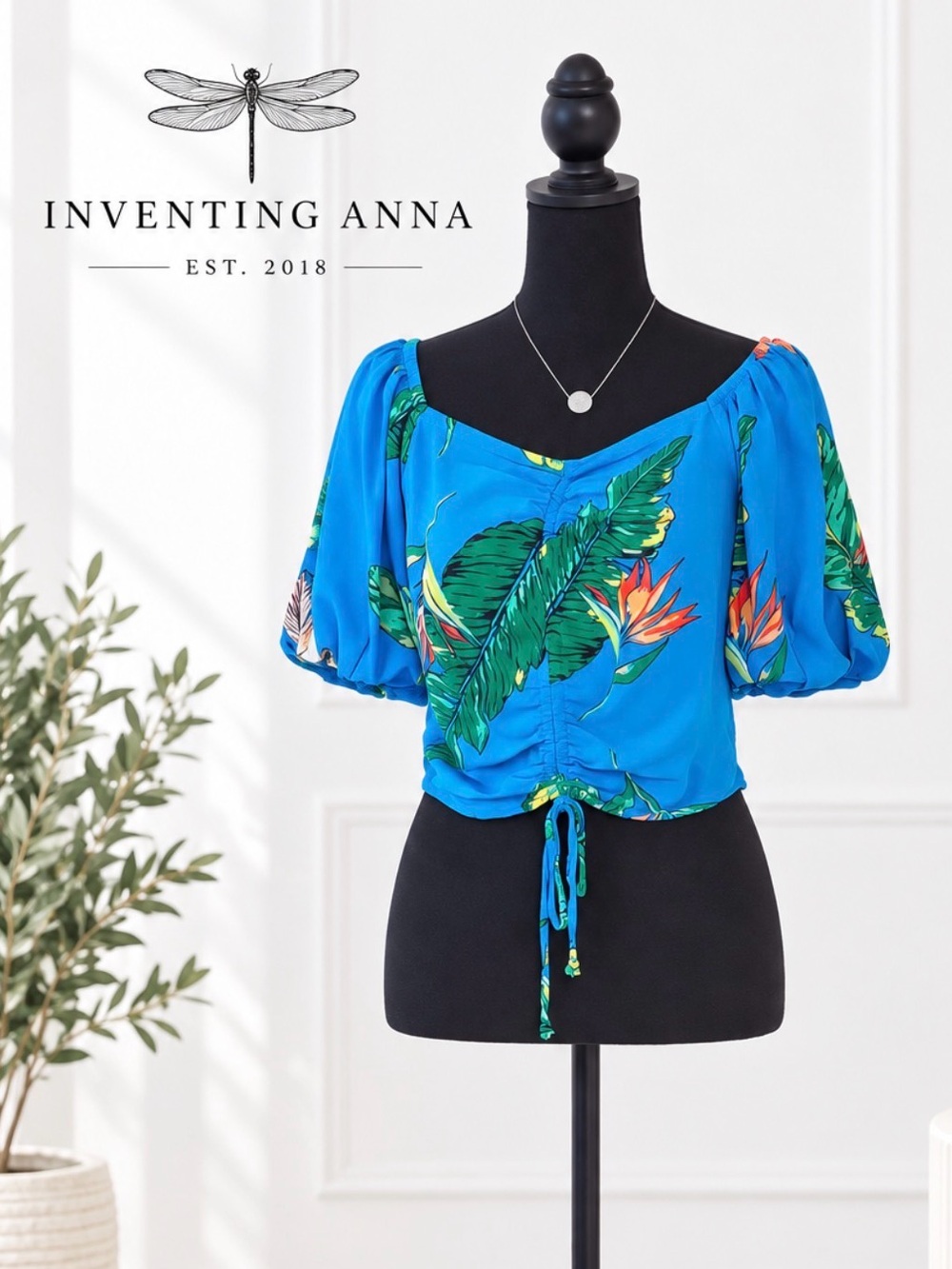 SO Blue Tropical Print Puff Sleeve Crop Top Size L